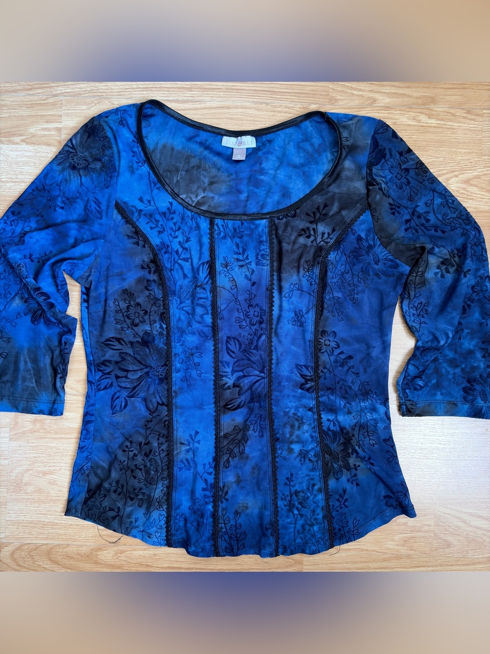 Y2k Blue Velvet Floral Print Women's Top M